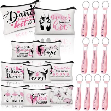 Kacctyen 20 Pcs Dance Gifts Bulk Dance Makeup Bag Dancer Cosmetic Bag 10 Pcs Ballet Makeup Bag 10 Pcs Silicone Quote Keychains Dance Stuff Dance Party Favor Zipper Pouch for Dance Team Women