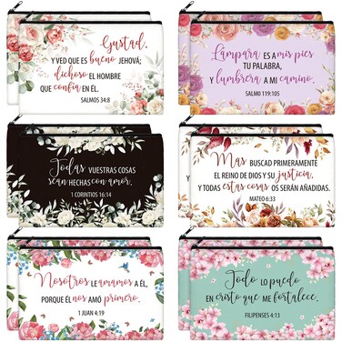 Kacctyen 18 Pcs Spanish Bible Christian Women's Religious Gift Cosmetic Bags Inspirational Bible Verse Pencil Pouch Motivational Makeup Bag with Zipper for Travel Mother Sister
