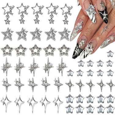 55pcs Y2K Star Nail Charms - 3D Nail Art Charms, Silver Star Rhinestones for Women &amp; Girls (9 Styles)