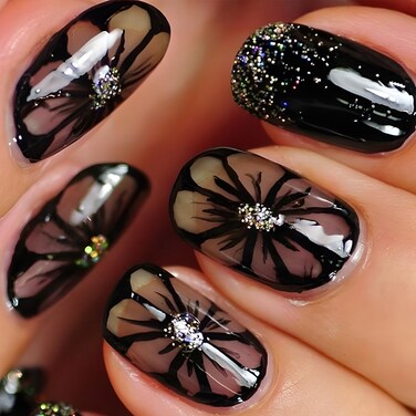 Short Flower Press on Nails Oval Black Fake Nails with Floral Design Glitter False Nails Glossy Acrylic Nails Black Nails Press ons Square Acrylic Glue on Nails Spring Stick on Nails for Women 24Pcs