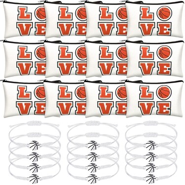 Kajaia 12 Pcs Basketball Makeup Bag for Girls and 12 Pcs Adjustable Basketball Bracelets, Portable Bag with Zippers Cord Braided Charms Party Favors(Black)