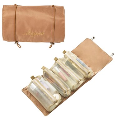KAKKOII Roll Up Makeup Bag, Hanging Toiletry Bag, 4 in 1 Detachable Cosmetic Bag, 4 Removable Storage Bags, Travel Makeup Organizer Bags for Women Men(Khaki)