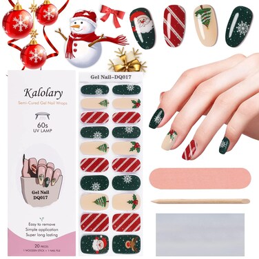 Kalolary 20Pcs Christmas Gel Nail Polish Strips, Christmas Nail Art Polish Sticker Snowflower Full Wrap Gel Polish Christmas Nail Art Design Stickers with Nail File and Stick(UV/LED Lamp Required)