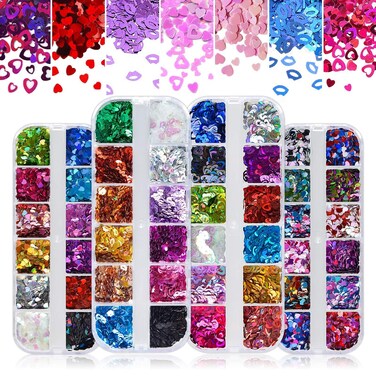 Kalolary 48 Grids Heart Nail Sequins 3D Holographic Lips Nail Art Glitter, Heart and Hollow Heart Lip Shape Nail Art Laser Flakes Sparkly Confetti Glitter Paillette for Girl Women
