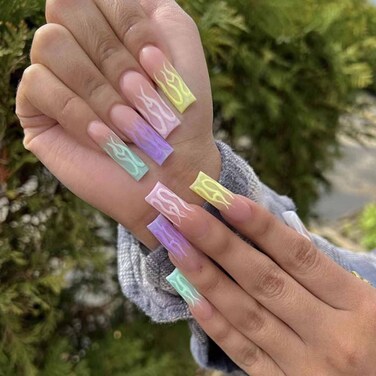 Long Square Press on Fire Fake Nails Full Cover Acrylic Color False Nails for Women and Girls 24PCS