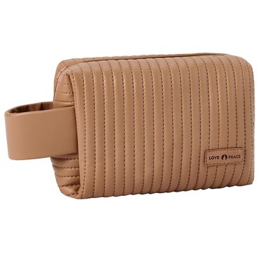 Frenchie Zip Makeup Bag - Small, Elegant Coffee PU Leather Cosmetic Bag for Women, Travel-Friendly with Wide Handle