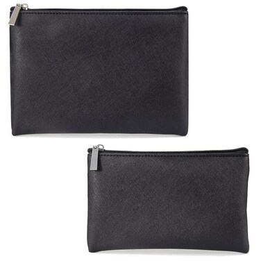 Portable Makeup Bag, 2 Pcs Small Zipper Pouch with Bottom, Black Makeup Bag for Purse, Pu Leather Travel Storage Bag for Small Items, Black