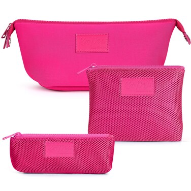 Kat Myhr Neoprene Washable Travel Makeup &amp; Cosmetic Bag Set, 2 Air Mesh Pouches,100% Neoprene Toiletry Bag, Large Water Resistant Travel Bag for Toiletries, Makeup Cosmetic Travel Bag (Fuchsia Pink)