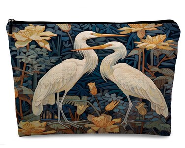 kdqua Chinoiserie Cranes Bird Floral Makeup Bag, Chinese Style Linen Cosmetic Bag Travel Toiletry Bag, Traditional Vintage Gifts for Bird Lovers Women Girls Bestie Niece Best Friend