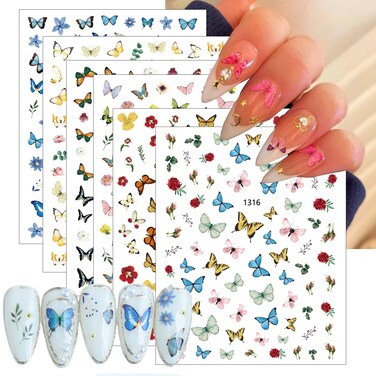Butterfly Nail Art Stickers, 6 Sheets Acrylic Decals Blue Purple Yellow Pink Self-Adhesive Manicure Supplies for Women and Girls