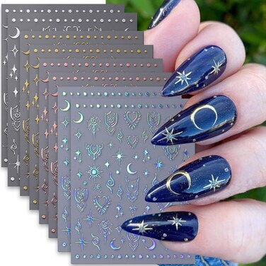 Moon Star Nail Stickers, 3D Self-Adhesive Art Decals Stars Sun Design Stickers Laser Gold Supplies Heart Silver for Women Girls DIY Acrylic Decoration.