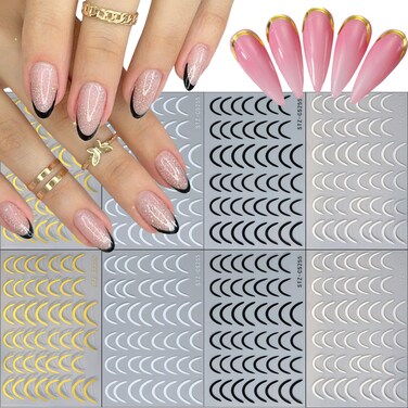 8 Sheets French Tip Line Nail Art Stickers Decals, 3D Self-Adhesive Acrylic Pegatinas, Silver, Gold, Black, White, for Women