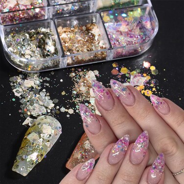 6Grid Mermaid Glitter Nail Art Sequins, Holographic 3D Magic Color Ultra Thin Shiny Nail Glitter Flakes Colorful Mermaid Nail Flakes Confetti Sticker Iridescent Ice Slag Nail Sequins for Women Girls