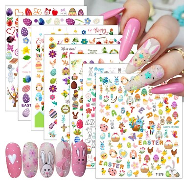 8 Sheets Easter Nail Art Stickers Cartoon Rabbit Nail Decals 3D Self-Adhesive Cute Bunny Nail Stickers Easter Egg Bunny Rabbit Nail Design for Women Girls DIY Manicure Accessories Easter Nail Decor