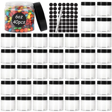 Keketin 40 Pack Plastic Jars with Black Lids 6 oz,180ml Round Plastic Containers Clear Cosmetic Jars,Refillable Empty Storage Containers for Spices,Cream,Beauty Products,Lotion,Slime Making