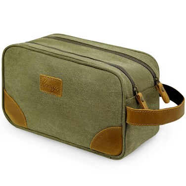 Kemy's Toiletry Bag for Men, Travel Toiletries Organizer Bags with Water Resistant Canvas Leather Dopp Kit Shaving Bag for Toiletries Accessories