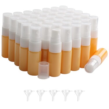 Kesell 40Pcs 10ml Orange Glass Spray Bottles - Mini Refillable Perfume Atomizer Spray Bottles Mist Sprayer for Cleaning- Small Travel Size Empty Bottles for Fragrance, Essential Oil