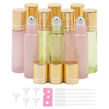 Kesell 10ml Glass Roller Bottles for Essential Oil Blends, with Stainless Steel Roller balls, Shiny Gold Caps, Droppers, Funnels and bottle opener, Pack of 10