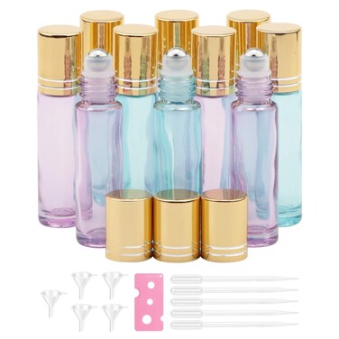 Kesell 10ml Essential Oil Roller Bottles Pearl Blue Glass Roll On Bottles with Stainless Steel Roller Balls, Set of 10 for Aromatherapy, Essential Oils, Perfumes, Lip Balms