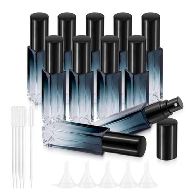 Kesell 11 Pack 10ml Spray Bottles Glass Refillable Perfume Atomizer for Travel Square Empty Bottles Containers Portable Glass Perfume Bottle Set with 5pcs Funnel and 5pcs Dropper (Black Cap)