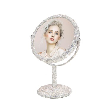 KEYPOWER Bling Rhinestone Makeup Vanity Mirror Round with Stand Double Side Cosmetic Glitter Movable Desk Bathroom Bedroom Tabletop(White)