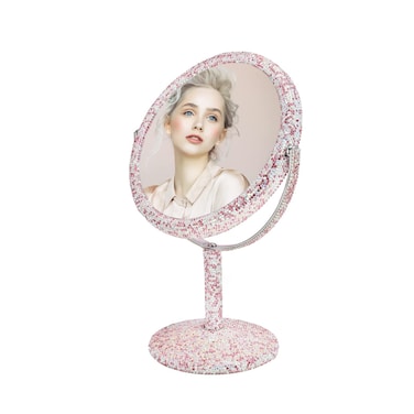 KEYPOWER Bling Rhinestone Makeup Vanity Mirror Round with Stand Double Side Cosmetic Glitter Movable Desk Bathroom Bedroom Tabletop(Pink)