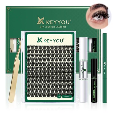 DIY Lash Extension Kit KEYYOU 144pcs Lash Clusters Eyelash Extension Kit with Mascara Brush Bond and Seal Lash Glue Remover Lash Applicators Lash Brush Clean Pad for DIY Lash Extensions (Y02 Kit)