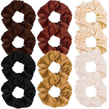 12 Pieces Satin Hair Scrunchies for Women Silk Scrunchies for Hair Scrunchies Bulk for Thick Hair Big Silky Hair Ties No Damage Silk Hair Accessories (Black Brown)