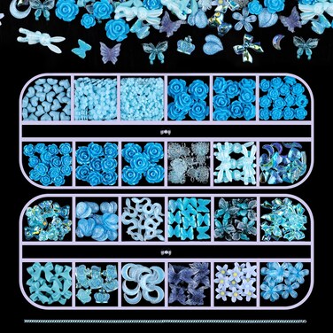 2 Boxes 3D Flower Nail Charms Butterfly Bow Snake Rabbit Bear Shaped Nail Art Rhinestones Gems for DIY Nail Art Decoration Making Craft (Blue)