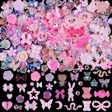 3D Cute Nail Charms, 100 Pieces Rabbit Butterfly Flower Bow Nail Art Charms Mixed Flatback Nail Rhinestones Pearls and Nail Glitter As Gift, Resin Charms for Nails Design DIY Crafts (Pink)