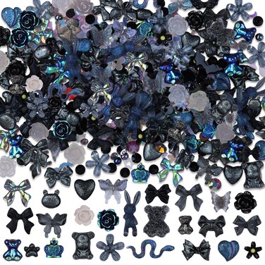 100 Pieces 3D Resin Butterfly Bear Nail Charms Rose Flower Peach Skirt Bow Deer Snake Rabbit Animal Shaped Nail Art Rhinestones Pearls for DIY Nail Art Decoration Making Craft (Black)