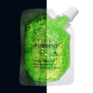 Holographic Face Glitter Gel Body Shimmer Makeup for for Hair, Face, Clavicle, Arm, Nail, Eyeshadow, Long Lasting Waterproof Mermaid Sequins Party Glitter for Rave Festival, 1.35oz (Luminous Green)