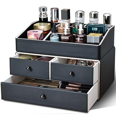 KINGFOM 2 Tier PU Leather Makeup Organizer with 3 Drawers, Cosmetic Storage Organizers for vanity Dresser Countertop and Bathroom Vanity, Beauty Holder for Lipstick Brush Skincare (Black)
