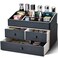 KINGFOM 2 Tier PU Leather Makeup Organizer with 3 Drawers, Cosmetic Storage Organizers for vanity Dresser Countertop and Bathroom Vanity, Beauty Holder for Lipstick Brush Skincare (Black)