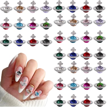 24 Pcs 3D Planet Nail Charms,Luxury Rhinestones Saturn Shape Crystals Luxury Diamonds Nail Jewels for Nail Art DIY Nail Designs