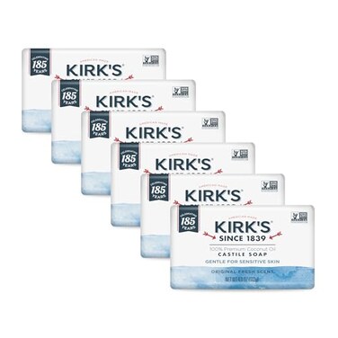 Kirk's Castile Bar Soap for Men, Women &amp; Children - Made With Premium Coconut Oil, Sensitive Skin Formula, Vegan, Non GMO, Original Fresh Scent, 4 oz. Bars, 6 Pack