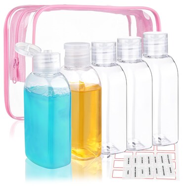 Travel Size Containers 5 Pcs 3.4oz/100ml Plastic Travel Bottles with Pink Toiletry Bag Leak TSA Approved Proof Squeeze Bottles with Flip Cap for Toiletries, Shampoo, Conditioner &amp; Lotion
