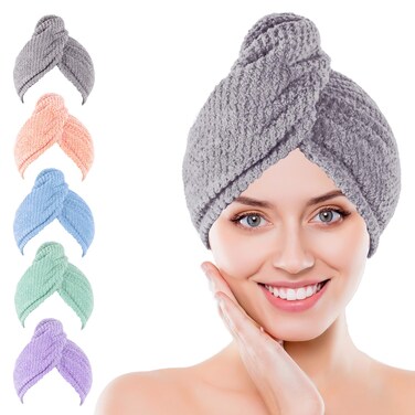 Soft Microfiber Hair Drying Towel Wrap, 5 Pack Elastic Hair Turbans for Fast Drying, Ideal for Women, Curly Wet Hair