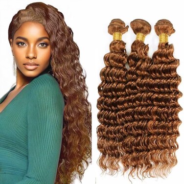 3 Light Brown Colored Curly Bundles Human Hair Sew in Quick Weave Loose Deep Wave Human Hair Bundles Deep Curly Color 30 100% Remy Extensions 24 26 28 inch Light Brown