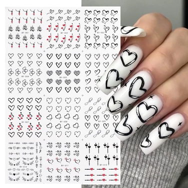 Valentine's Day Nail Art Stickers Black White Heart Water Transfer Nail Decals Flowers Cupid Hollow Heart Romantic Design Nail Art Supplies for Valentines Nail DIY Decorations Manicure 12 Sheets