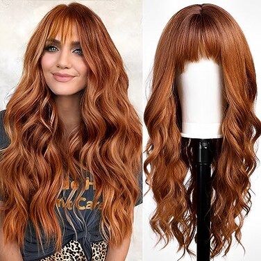 KOME Orange Wigs with Bangs,Ginger Long Wavy Wig for Women,Long Curly Synthetic Hair Wig for Party Daily Use 24IN