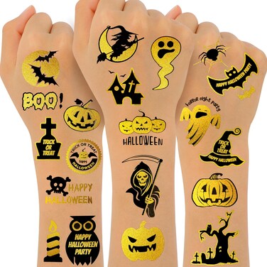 Konsait 72 Pcs Halloween Temporary Tattoos, Metallic Gold Temporary Tattoos Halloween Goodie Bag Stuffers Body Makeup Fake Tattoos Non Candy Halloween Treats