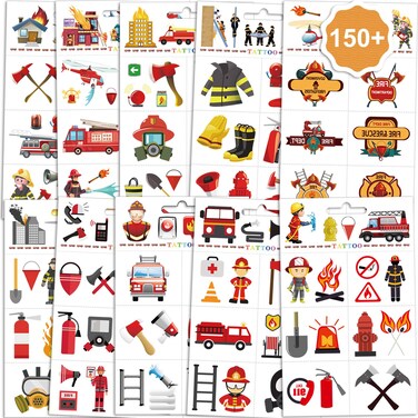 Konsait Firefighter Temporary Tattoos for Kids, 150+Pcs Fire Fake Tattoo Waterproof Fireman Firetruck Tattoo Sticker for Boys/Girls Birthday Party School Fire Education Theme Party Favor Gift Supplies