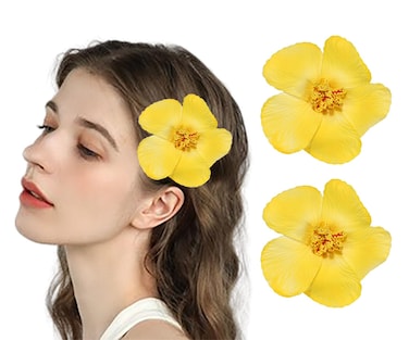 Women's Hawaiian Flower Hair Clips Plumeria Hibiscus Hair Clips 3.5 Inch Artificial Flower Hair Barrettes Hair Accessories for Vacation Beach Party (Yellow)