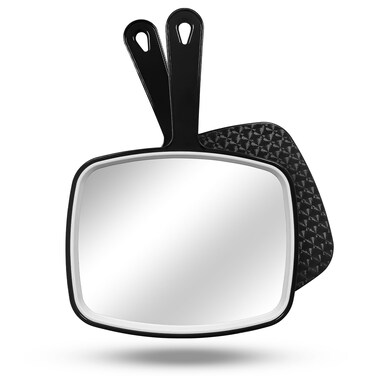 Small Wall Mount Hand Mirror with Handle, for Vanity Makeup Home Salon Travel Use (Square Black 9.3inx6.6in)