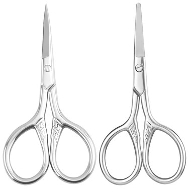 2Pcs Men Women Facial Hair Small Grooming Scissors - Eyebrow, Nose Hair, Mustache, Beard, Eyelashes, Ear Trimming Kit - Safety Tip Clippers with Curved and Rounded Design For Hair Cutting