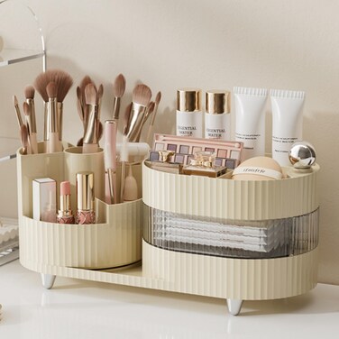 Rotating Large Capacity Cosmetic Display Case,Bathroom Counter Organizer Countertop Storage,Cosmetics Skincare Shelf Organizer (Ivory, L)