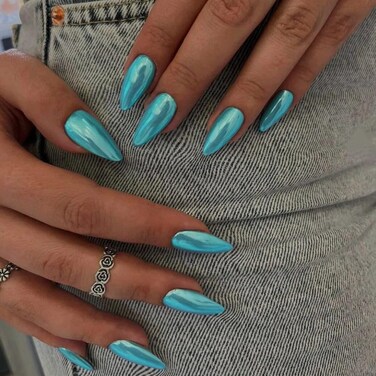 Teal Blue Chrome Press on Nails Medium Almond, KQueenest Mirror Metal Stiletto Fake Acrylic Nails with Bling Design, Green Glue on Nails for Daily Party Wear, False Nails Press ons in 24 PCS