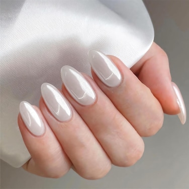 Translucent Pearl White Chrome Press on Nails Medium Long Almond, KQueenest Ice Iridescent Stiletto Fake Acrylic Nails With Holographic Mirror Effect, Cute Glue on Nails False Nails Press ons in24PCS