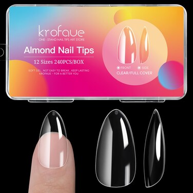 Short Almond Nails Tips krofaue 240Pcs Soft Gel Clear Nail Tips No Crease Pre-shape Oval Shape Nails 12 Sizes Artificial Acrylic False Nails Full Cover Press on Nails for Home DIY Nail Tips Art